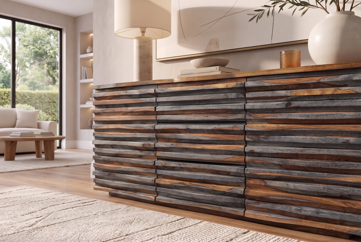 Sideboard RELIEF 160cm sheesham wood smoke finish