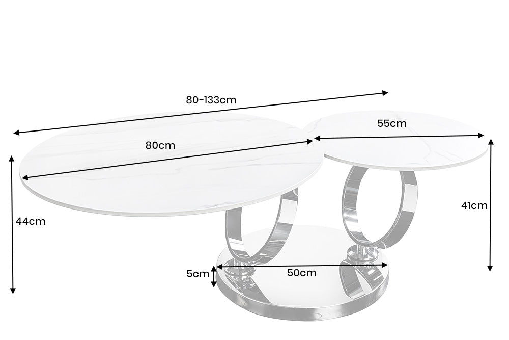 Coffee table DANCING RINGS 80-135cm rotatable ceramic top white marble look