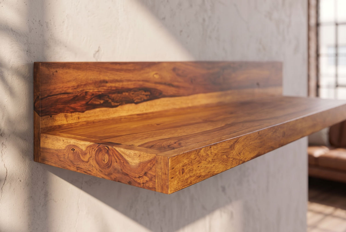 Wandregal MAKASSAR 80cm Sheesham Massivholz Naturstein-Finish mit Rückwand