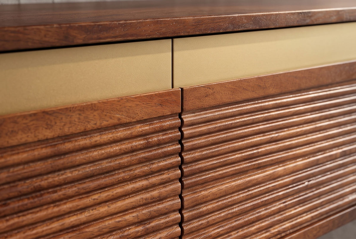 TV-Board MONZA 160cm w/ cable management hanging fluted front brown mango wood gold details