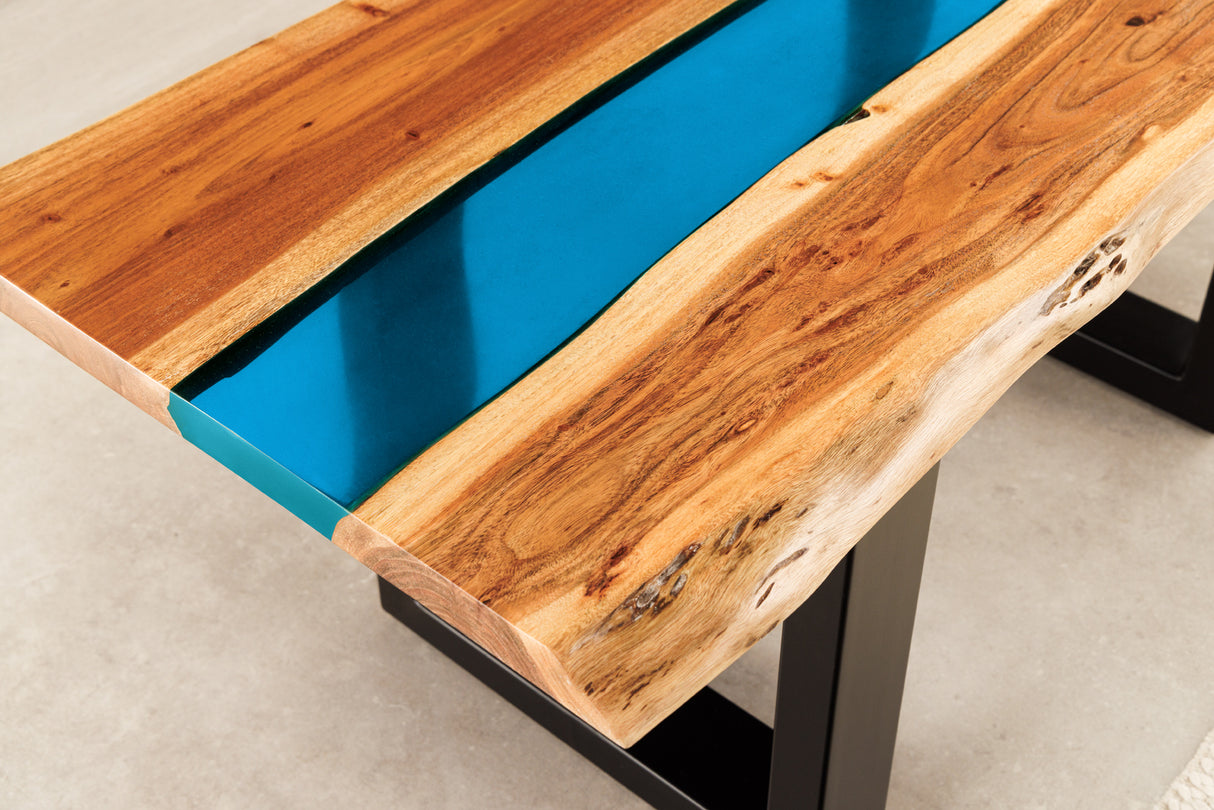 Coffee table LIQUID 110cm acacia wood blue epoxy strip
