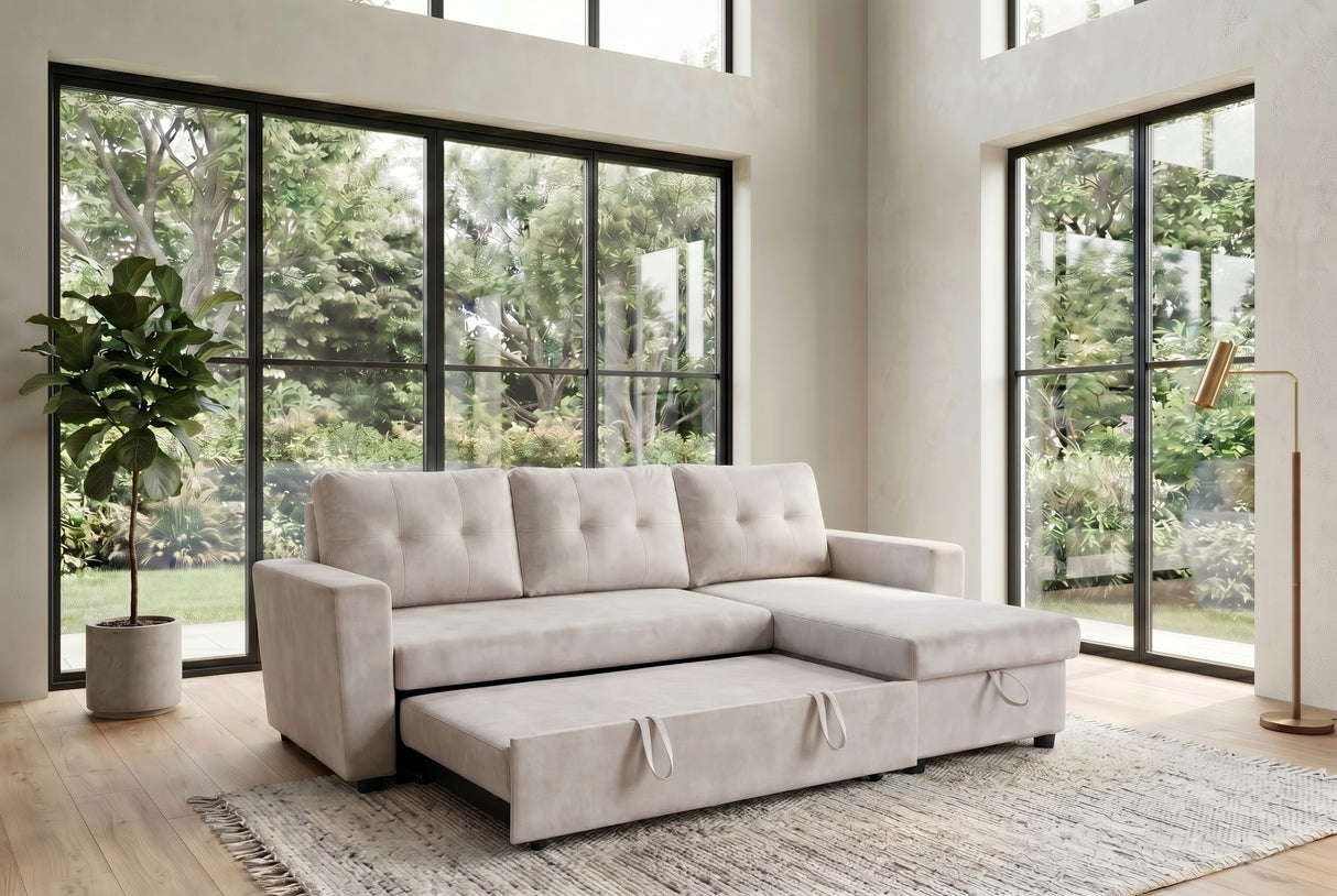 Corner sofa bed APARTMENT 205cm 3-seater w/ ottoman and storage space velvet champagne beige