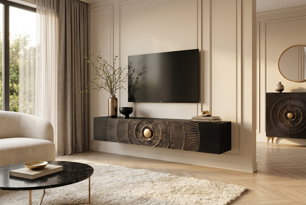 TV-Board GOLDEN SUNSET 160cm 3D hanging mango wood black