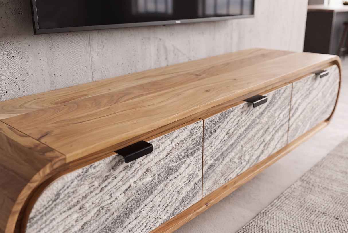 TV-Board ORGANIC 160cm hanging acacia wood natural w/ stone look front