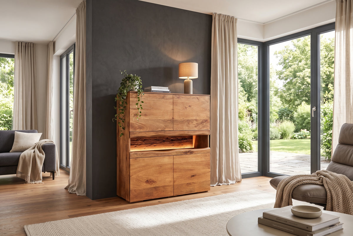 Highboard GRAND MANGO 120cm mango wood brown w/ remote-controlled LED light