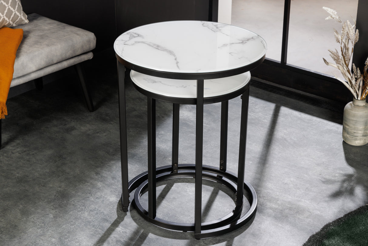 Side table ELEGANCE Ø 50-60cm round set of 2 marble look white black frame