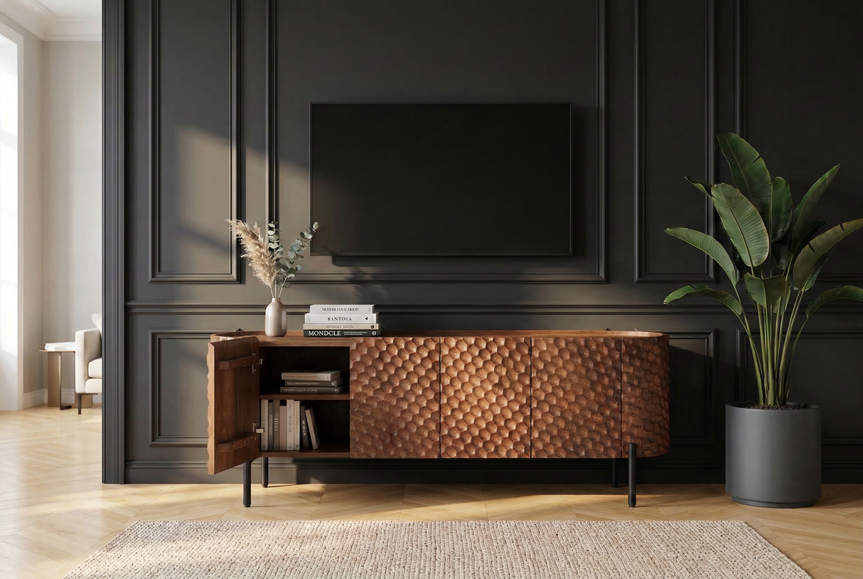 TV-Board ADLON 160cm 3D Mango Massivholz mit schwarzem Gestell