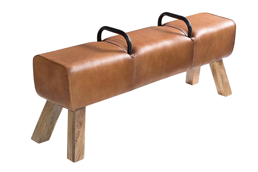 Sitzbank TURNBOCK 135 cm, gepolsterter Sitz, Mangoholz, Echtleder, hellbraun mit schwarzen Griffen