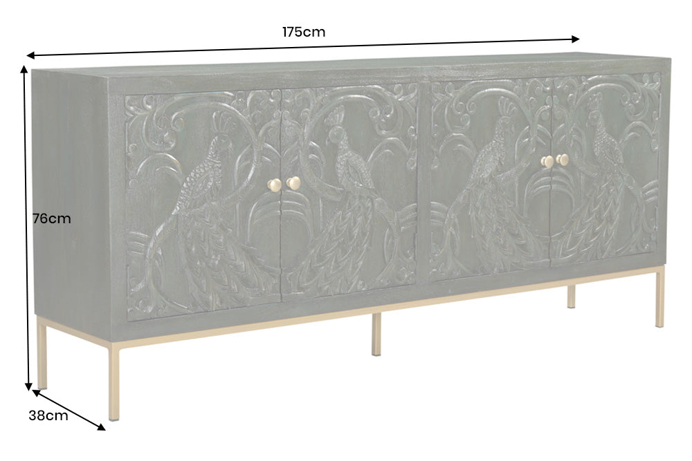 Sideboard PEACOCK 175cm 3D Mangoholz Antik-Look dunkelgrün gold handgefertigt