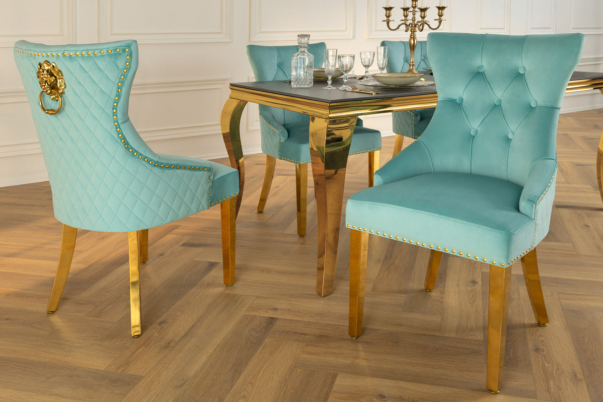 Chair CASTLE DELUXE w/ lion´s head handle velvet blue golden legs in baroque style