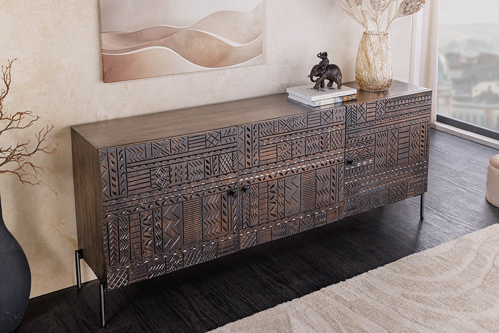 Sideboard TRIBAL 180cm 3D Antik-Look Mangoholz dunkelbraun