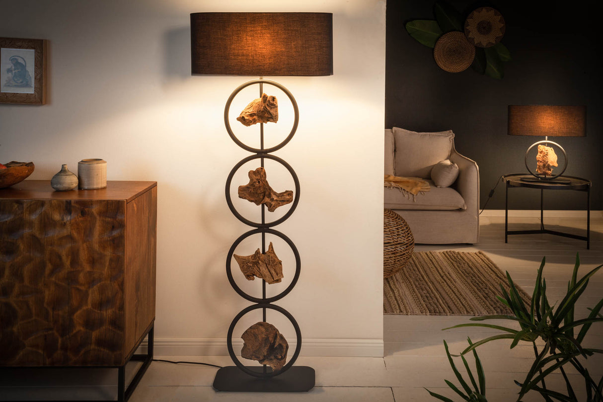 Floor lamp ELEMENTS 150cm recycled acacia wood elements w/ cotton shade black