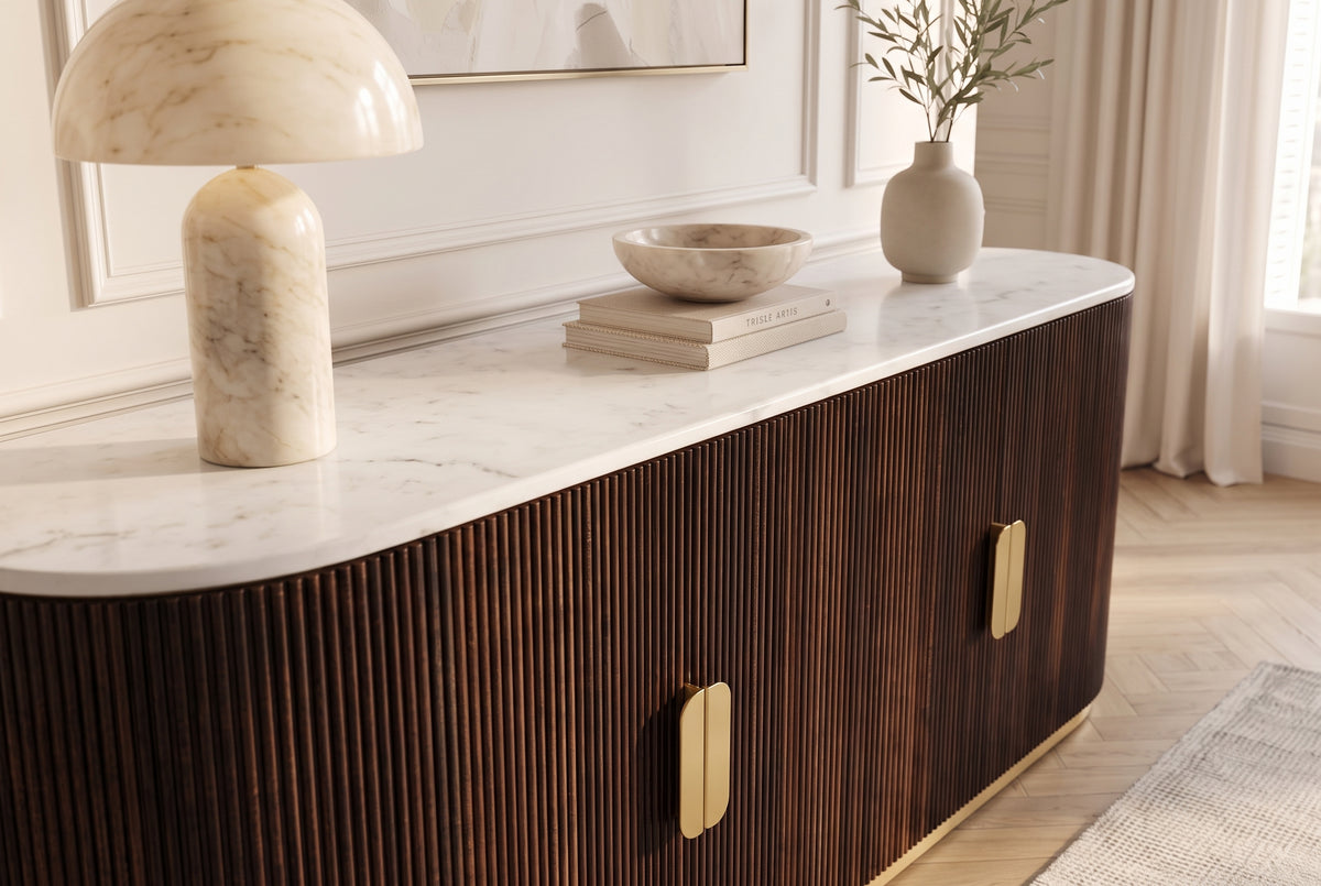 Sideboard GATSBY 170cm mango wood brown w/ white marble top fluted front gold metal details