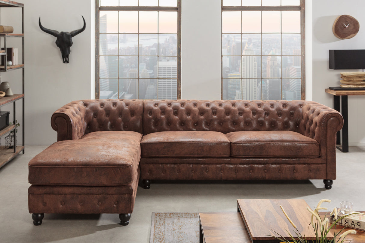 Ecksofa CHESTERFIELD mit Ottomane links 270cm Federkern Microfaser antikbraun