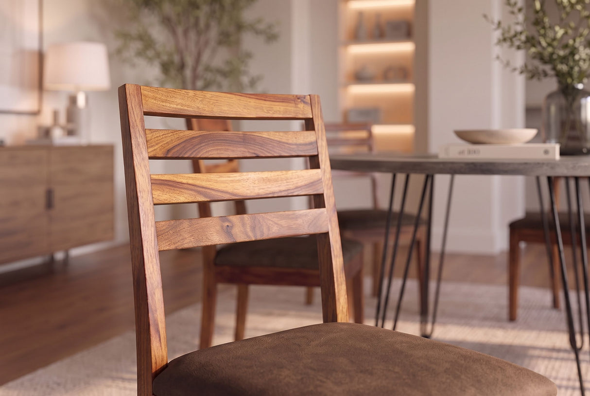 Chair MAKASSAR 90cm microfibre brown and sheesham wood brown stone finish