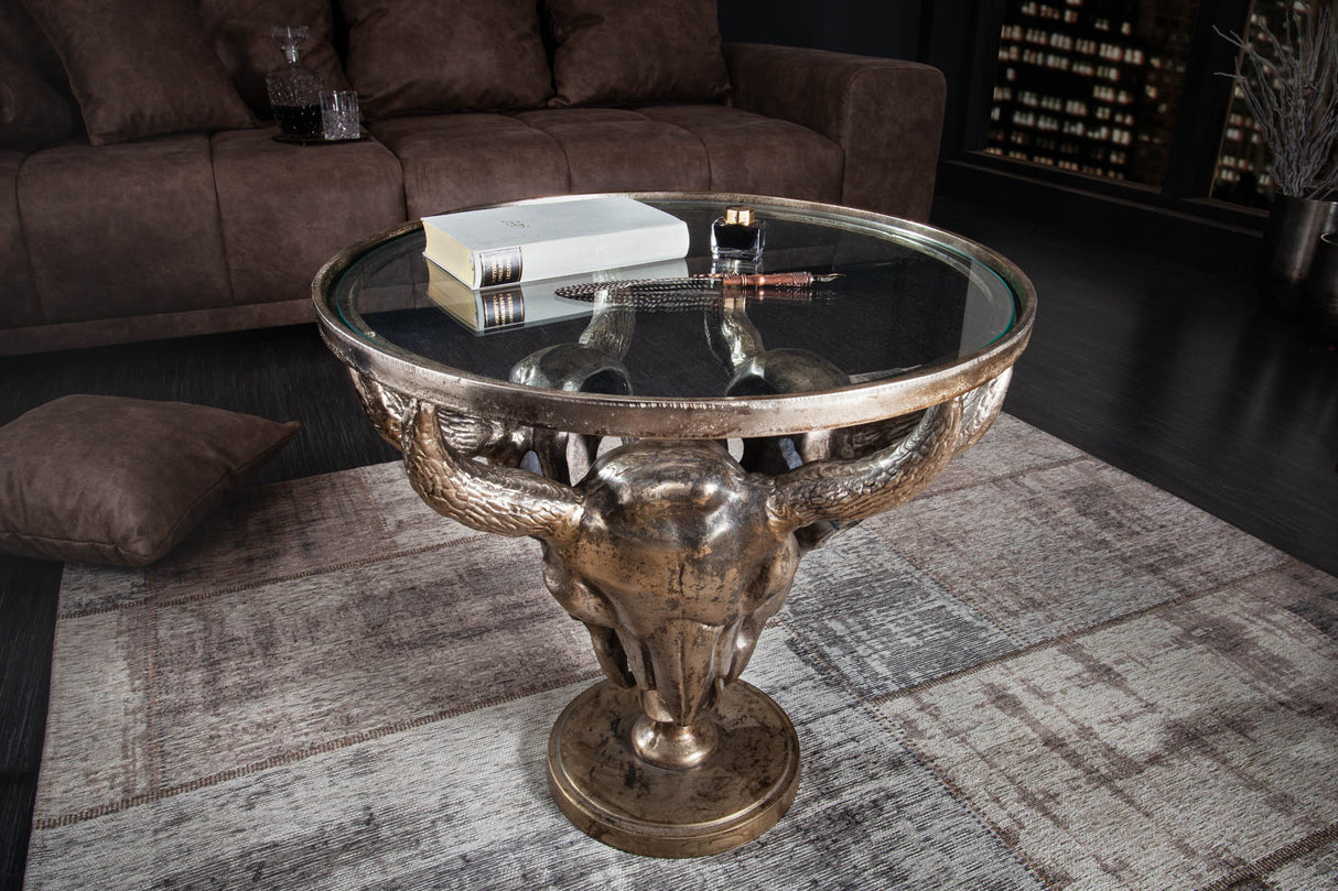 Couchtisch MATADOR 56cm 3 Totenköpfe bronze 8mm Glasplatte