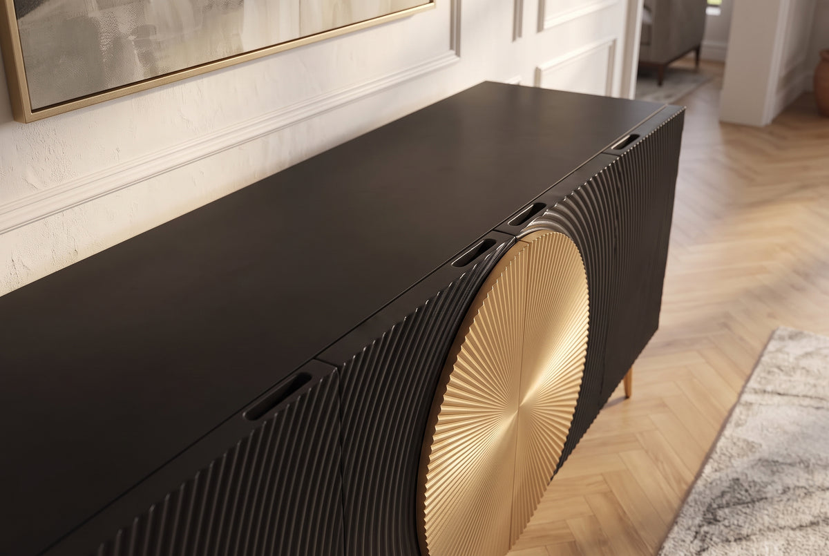 Sideboard AURUM 180cm textured front gold circle accent mango wood black gold metal feet