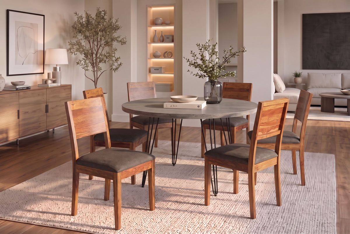 Chair MAKASSAR 80cm textured fabric grey and sheesham wood brown stone finish