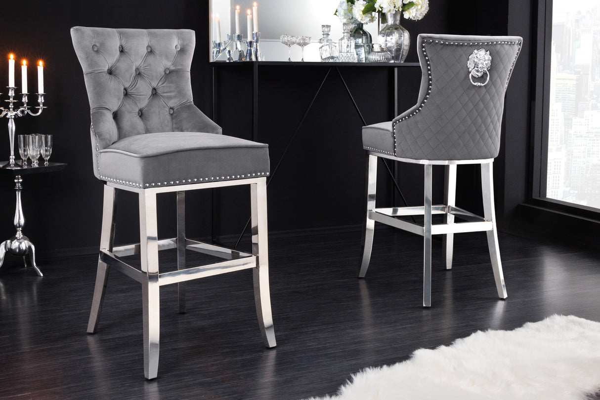 Barstuhl CASTLE DELUXE 74cm mit Löwenkopf Samt grau im Barockstil