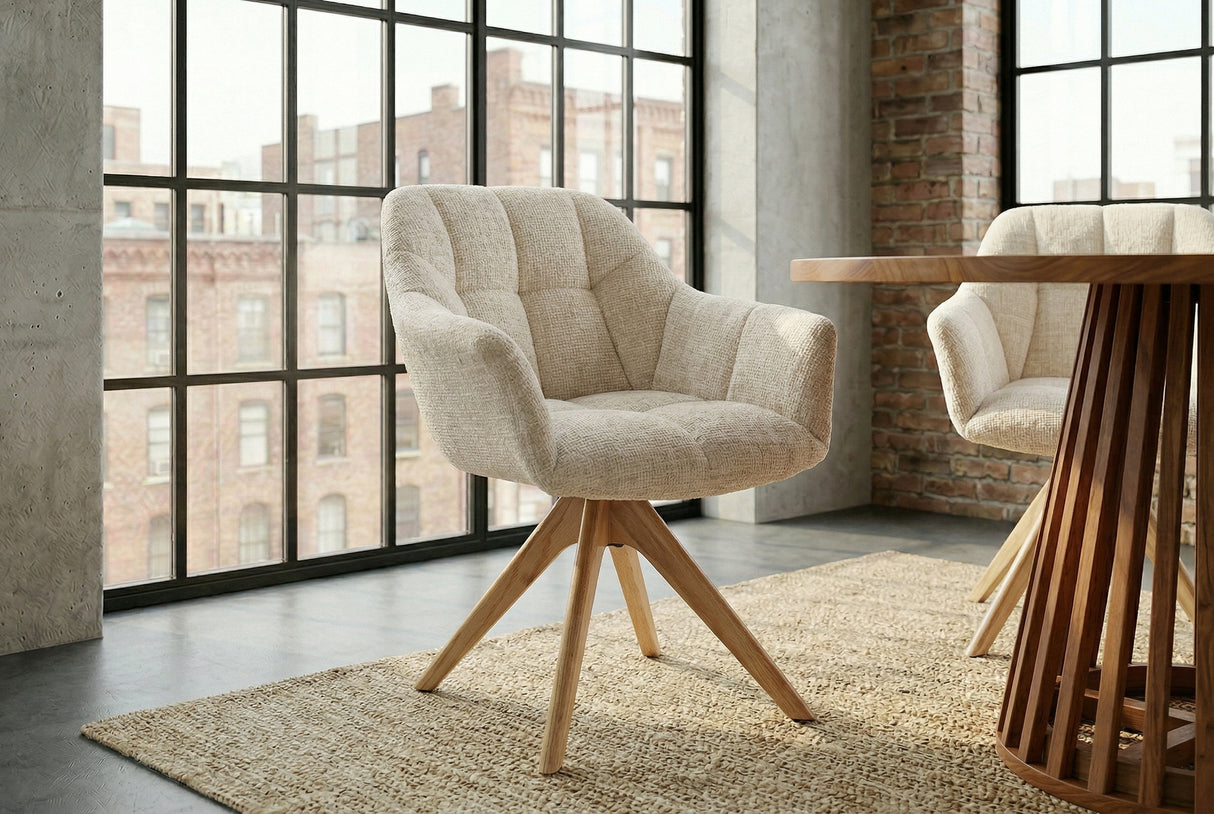 Swivel chair PAPILLON rotatable 180° w/ armrests chenille champagne beige oak