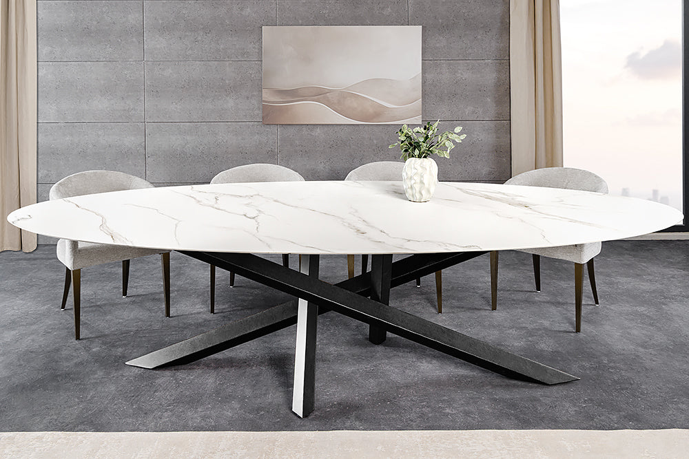 Dining table SCULPTURE 280cm oval frame black w/ ceramic top white marble look