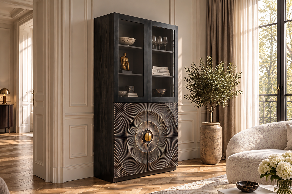 Highboard GOLDEN SUNSET 180cm 3D w/ glass doors mango wood black gold