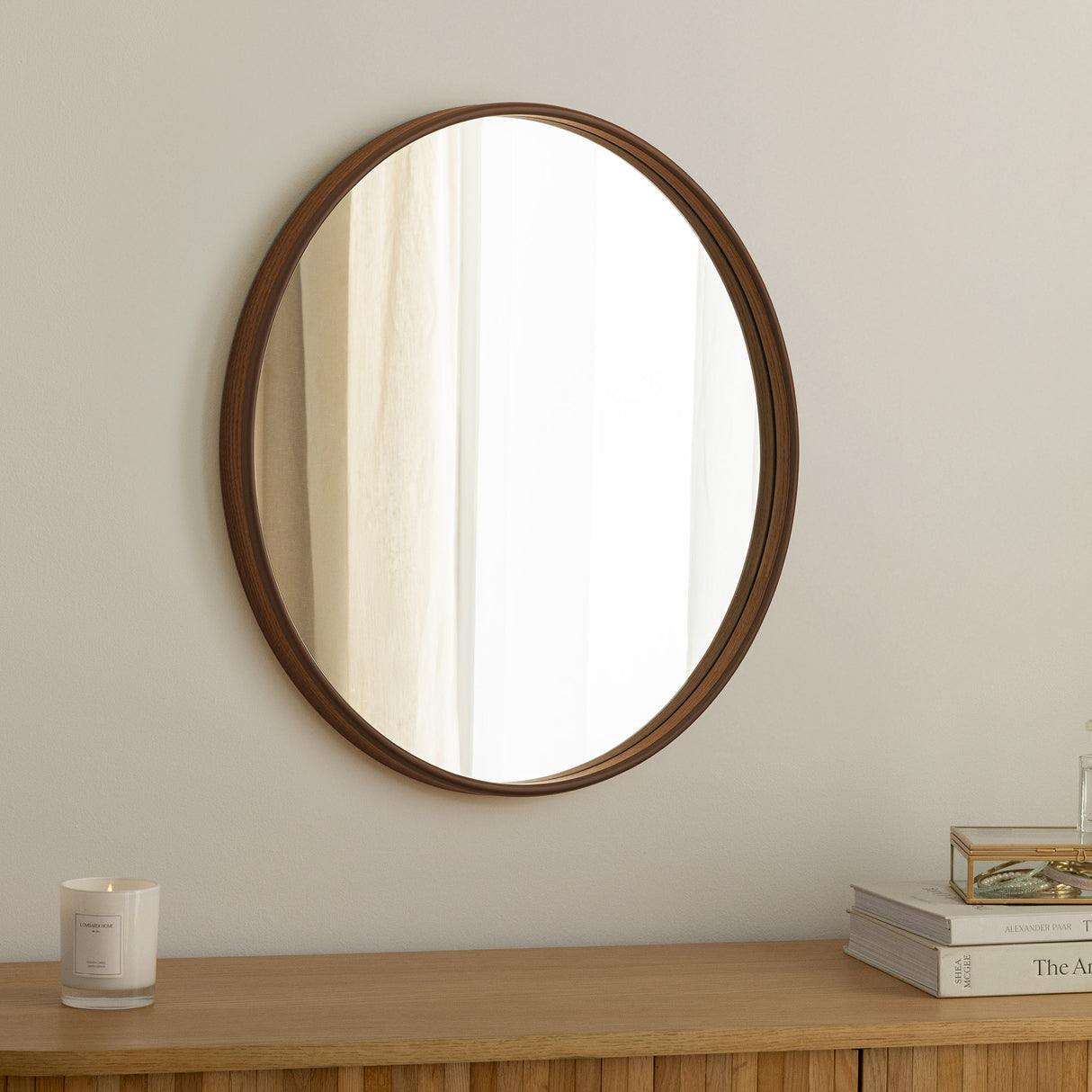 Wall mirrow PORTRAIT 70cm round walnut wood veneered