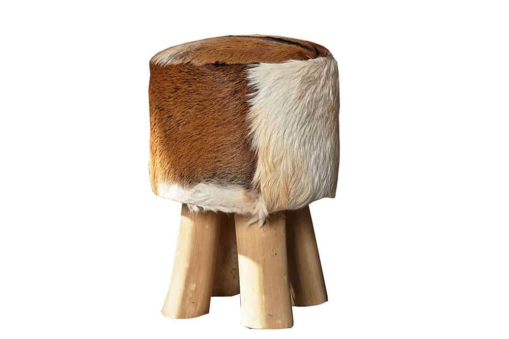 Hocker HIDE 45cm Ziegenleder und Teakholz braun weiß