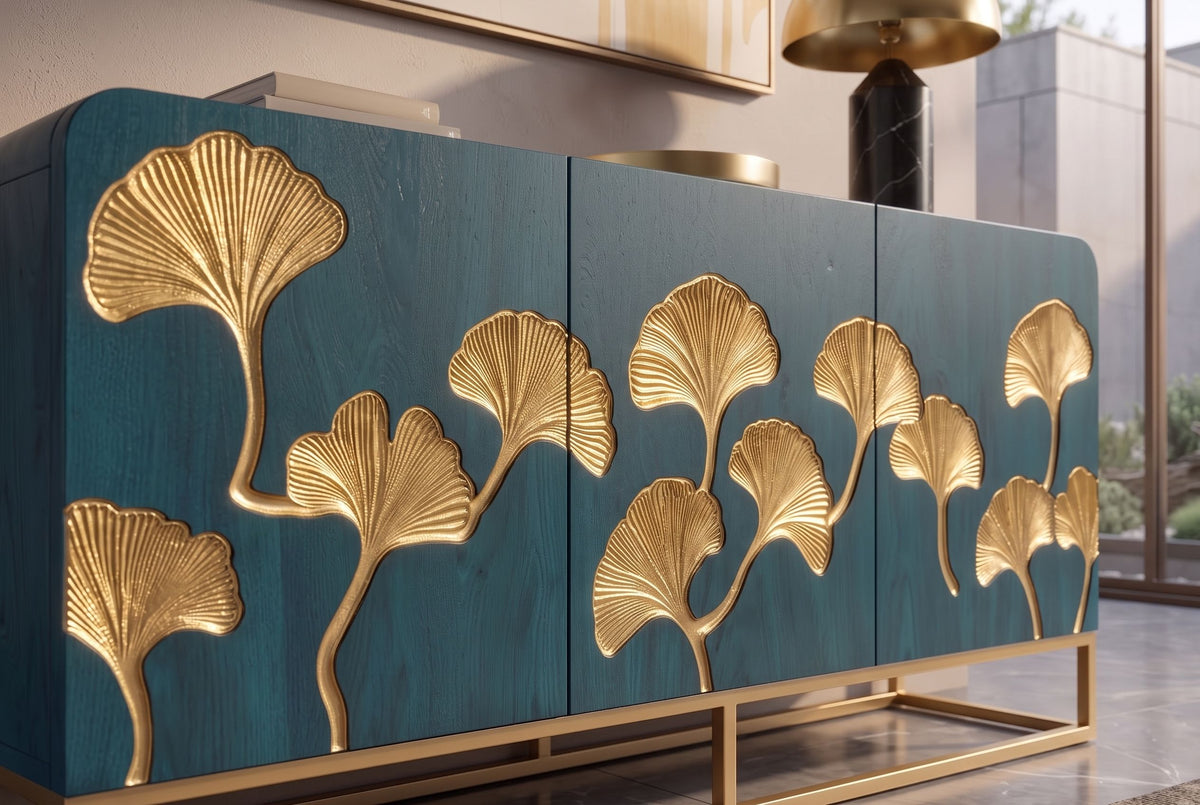 Sideboard GINKGO 160cm ginkgo leaf front mango wood turquoise w/ gold metal frame