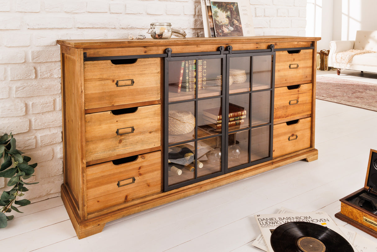 Sideboard HERITAGE 150cm slide glass doors pine wood