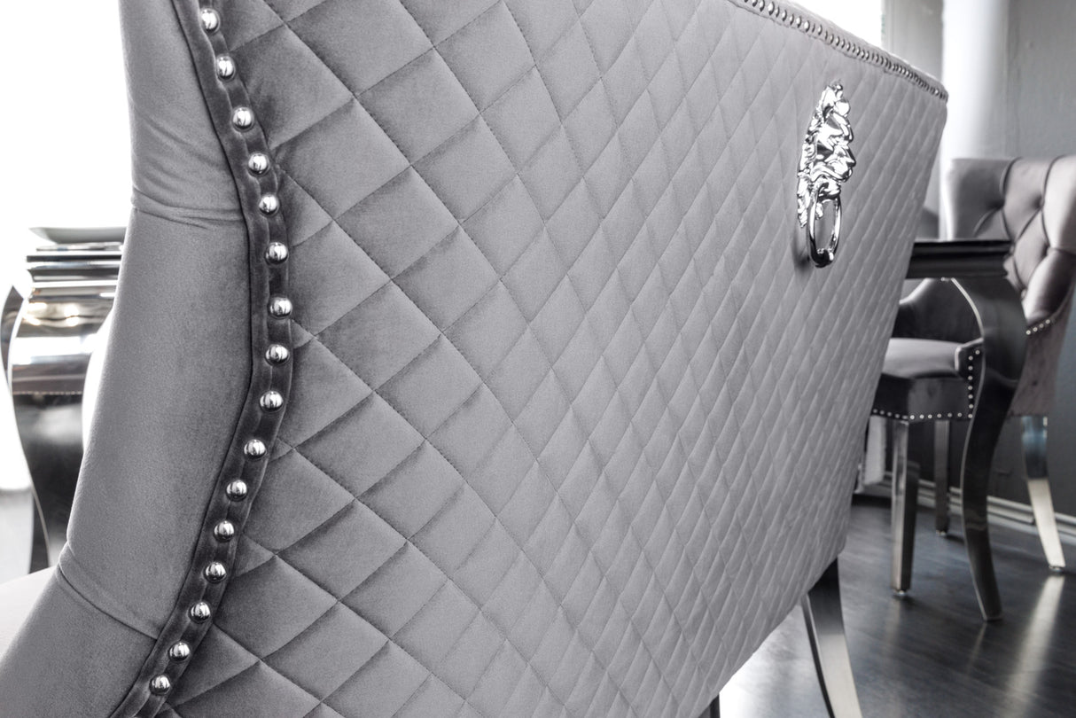 Sofa bench CASTLE DELUXE 165cm w/ lion´s head velvet grey in baroque style