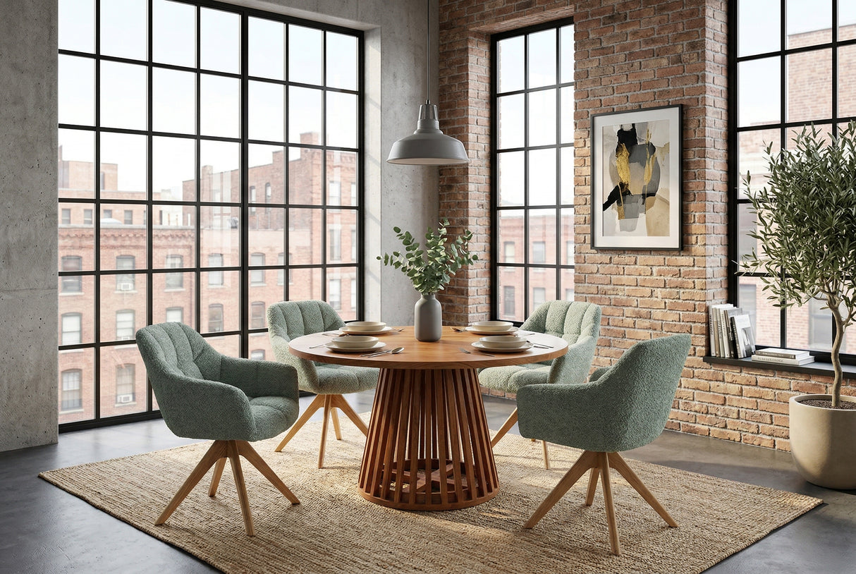 Swivel chair PAPILLON rotatable 180° sage green bouclé w/ armrests oak look legs