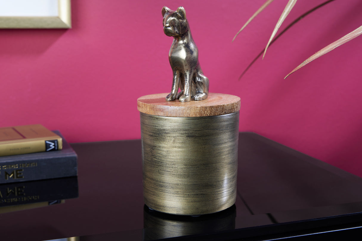 Skulptur Zinn PANTHER 20cm Eisen gold Mangoholz natur