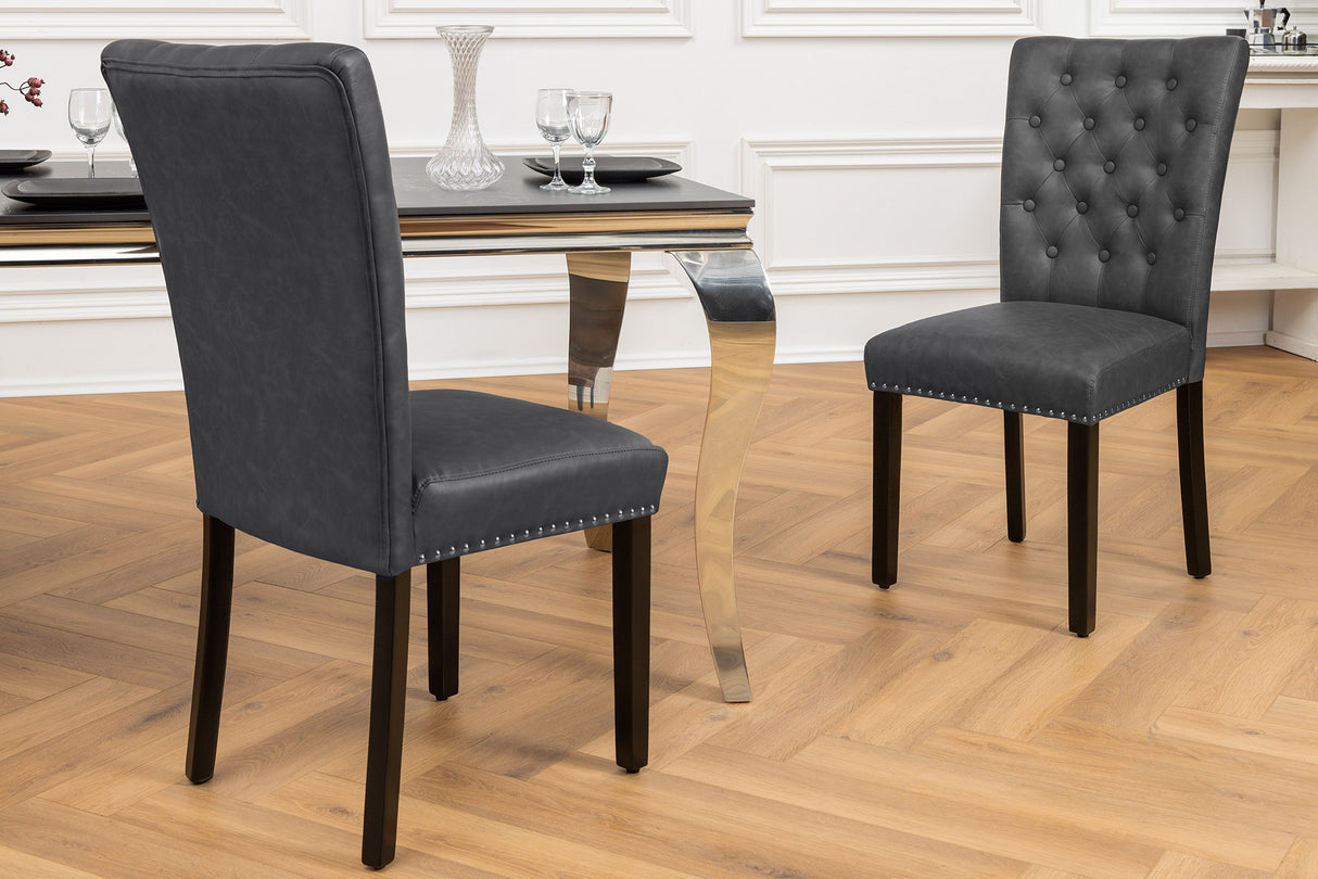 Chair CASTLE artificial leather vintage black w/ quilting in chesterfield style