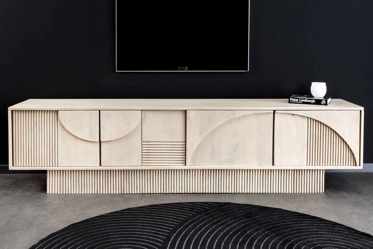 TV Board ART DECO 200cm 3D mango wood whitewashed