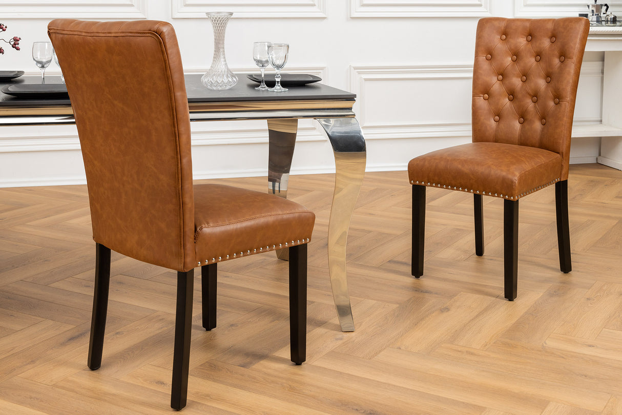 Chair CASTLE artificial leather cognac brown w/ quilting in chesterfield style