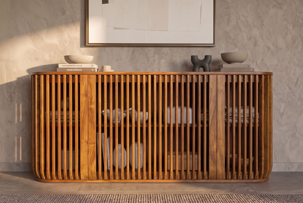 Sideboard SCULPTURA 170cm offene Lamellenfront abgerundete Kanten Mangoholz braun