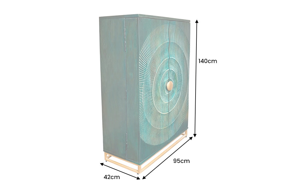 Barschrank GOLDEN SUNSET 140cm 3D Mangoholz türkis handgefertigt