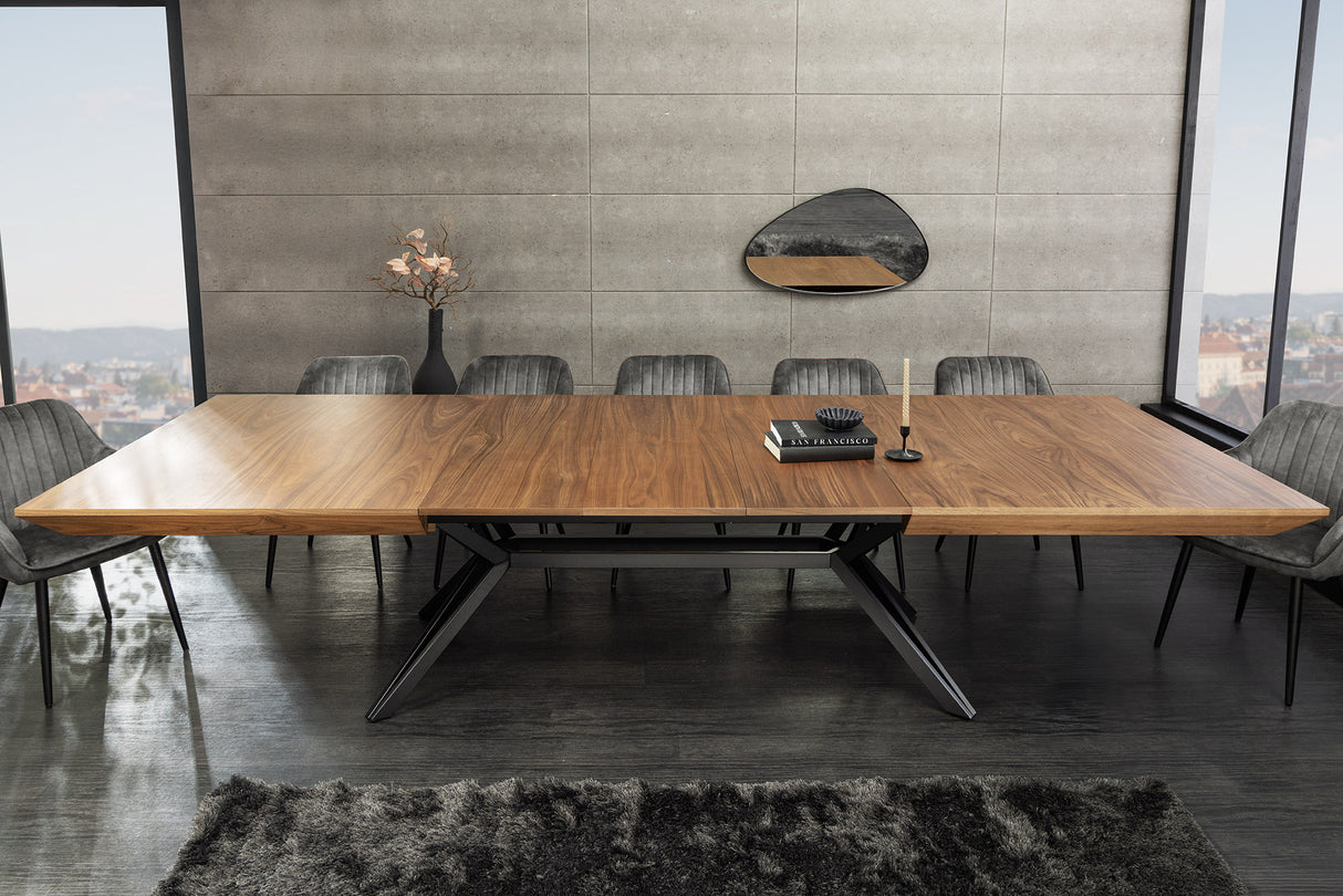 Dining table GIANT 200-320cm extendable natural walnut wood look w/ black metal frame