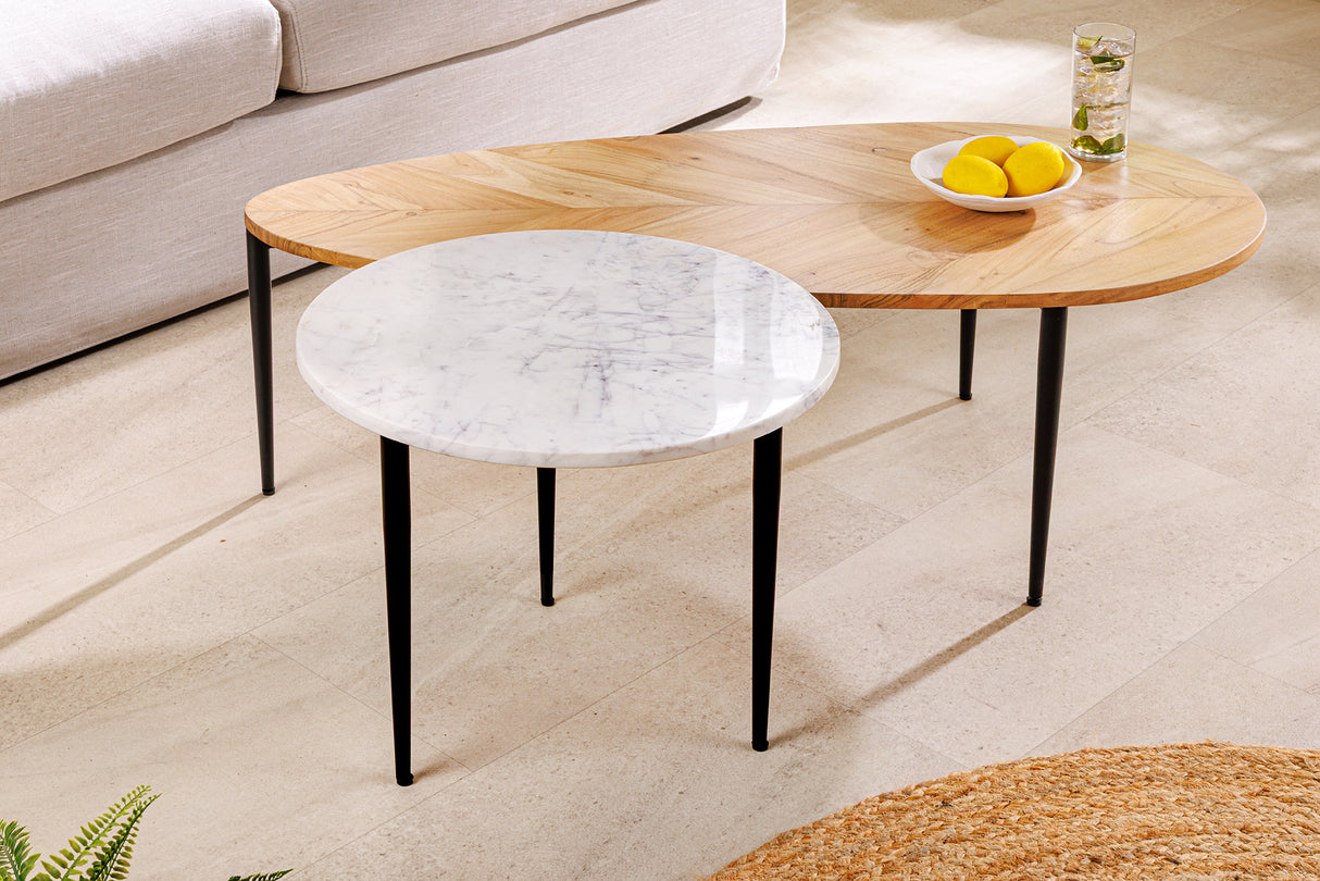 Coffee table ADLON set of 2 acacia wood natural and marble white