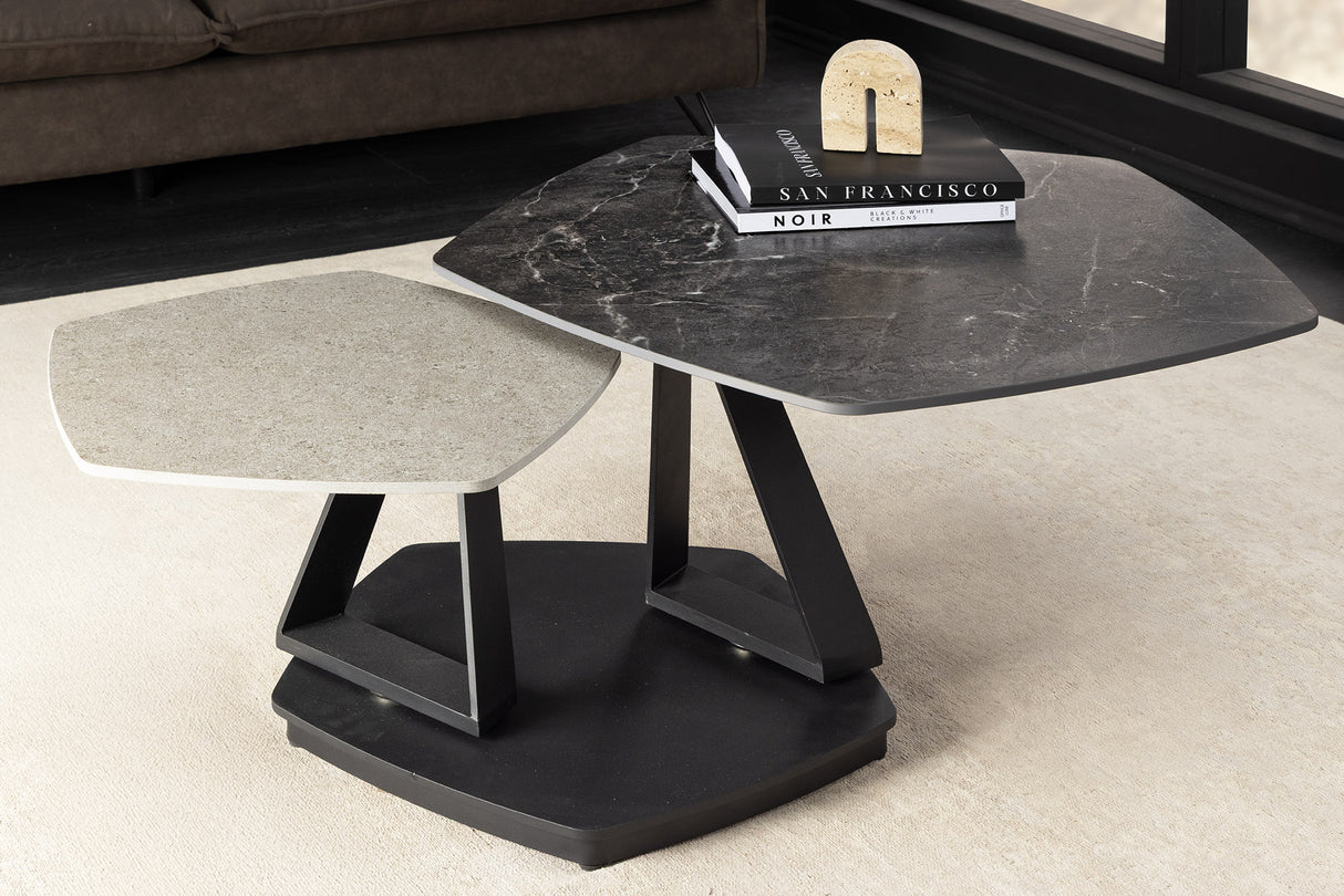 Coffee table MOVEMENT 80-130cm rotatable ceramic top grey and anthracite marble look