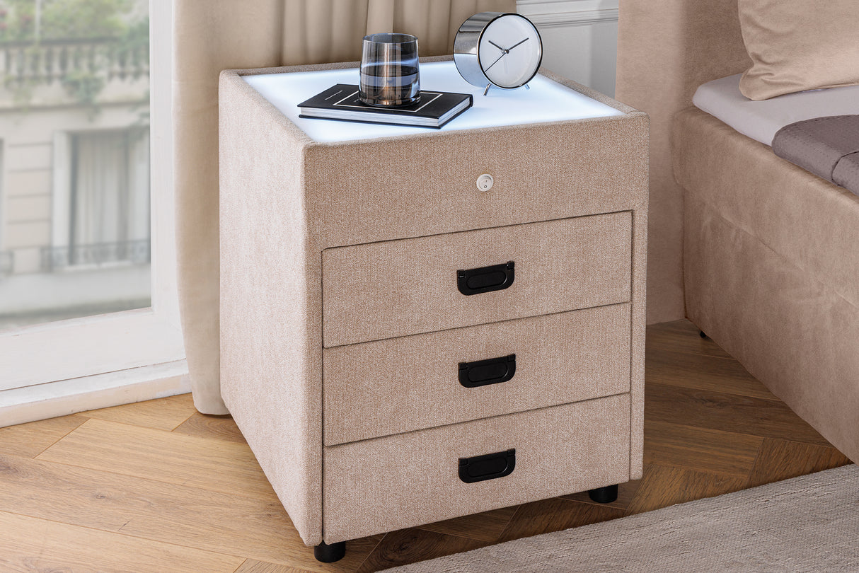 Bedside table TOULOUSE w/ LED light 55cm velvet beige