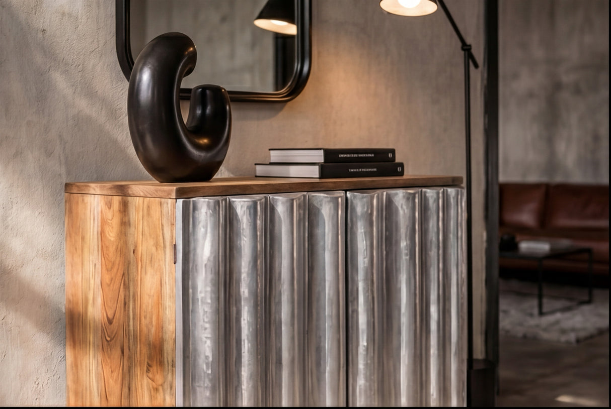 Sideboard ZALVERO 75cm Mangoholz Aluminiumfront naturfarben silber