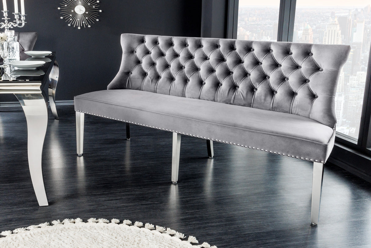 Sofa bench CASTLE DELUXE 165cm w/ lion´s head velvet grey in baroque style