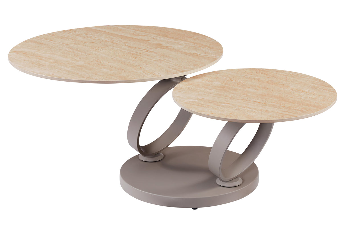 Coffee table DANCING RINGS round rotatable travertine ceramic champagne greige