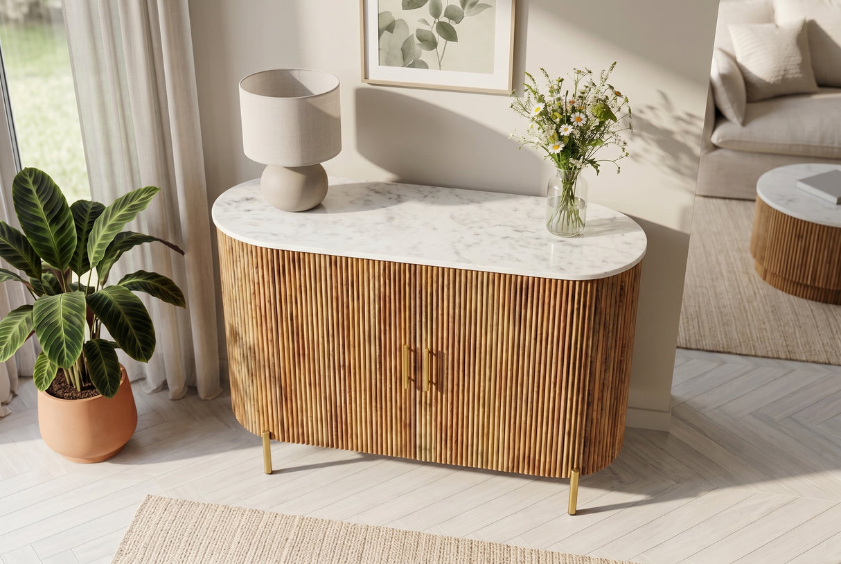Sideboard TRES CHIC 105cm Mangoholz natur mit weißer Marmorplatte und goldenen Griffen