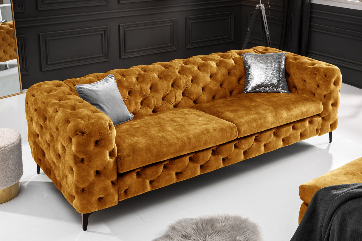 Sofa MODERN BAROCK 240cm 3-seater velvet mustard yellow in chesterfield style