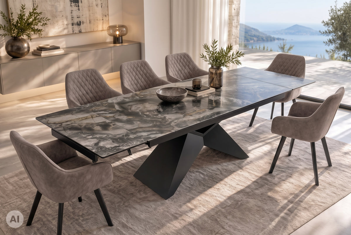 Dining table DIAMOND 180-260cm extendable ceramic taupe w/ geometric black iron base