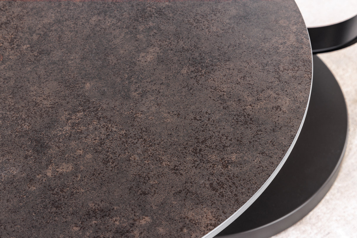 Coffee table DANCING RINGS 80-135cm rotatable ceramic top natural travertine and rust look