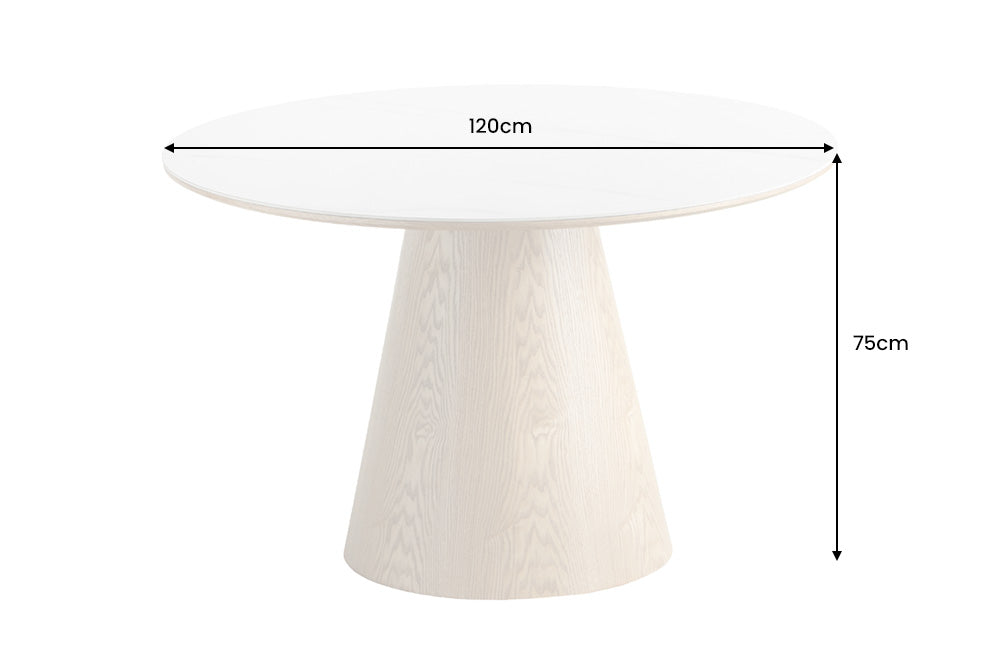 Dining table UNIQUE 120cm round oak wood verneered ceramic white marble top